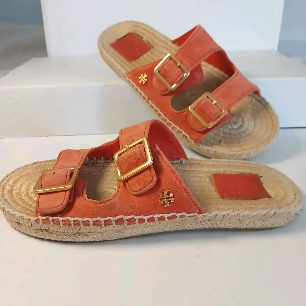 Tory Burch Selby Espadrille Slides Orange Double Buckle Sandals Women’s 6